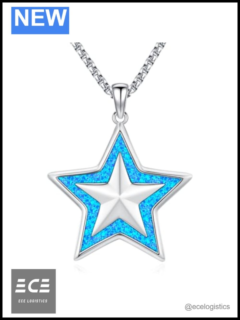 Sterling Silver Blue Opal Pentacle Star Necklace 22in Adjustable
